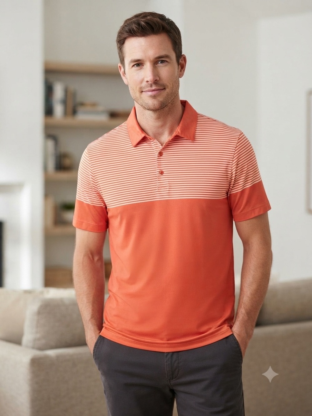 Head Golf Men's Orange and White Striped Polo Shirt, Size XL extra large